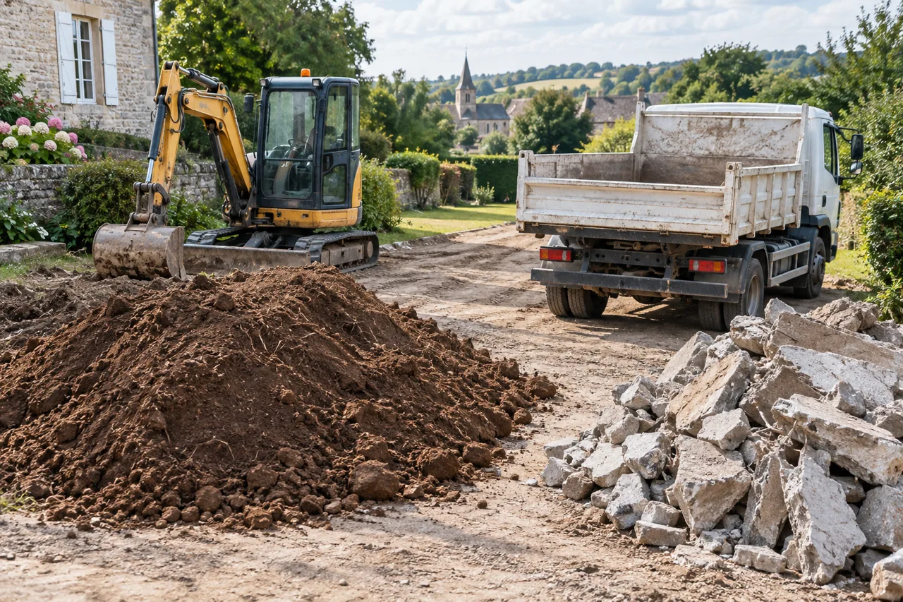 Tas séparés de terre et de gravats près d’une mini-pelle et d’un camion-benne.