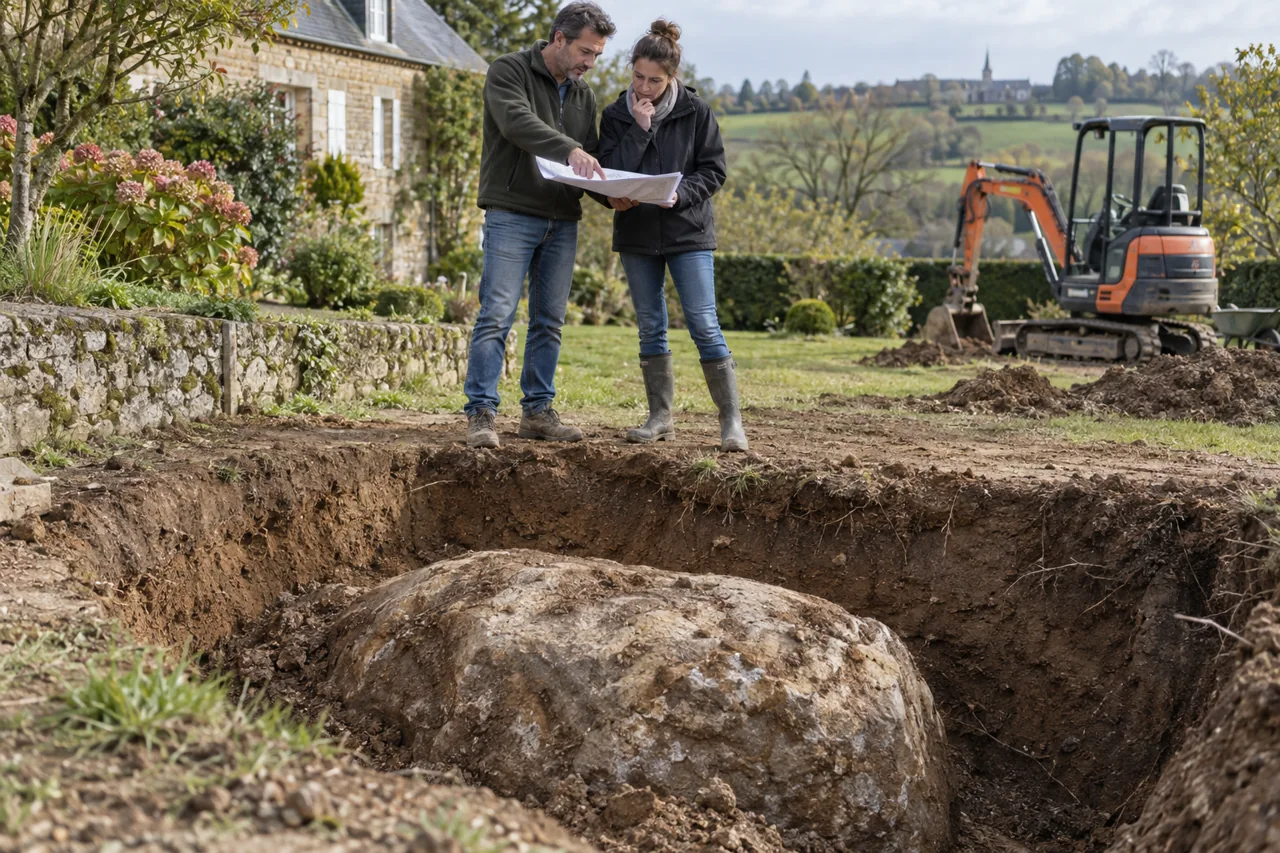 Deux personnes étudient un plan devant un gros rocher découvert dans une excavation.