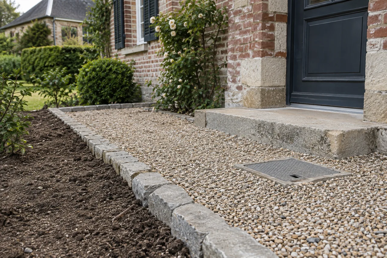 Allée en gravier avec bordure en pierre et regard technique devant une maison en briques.