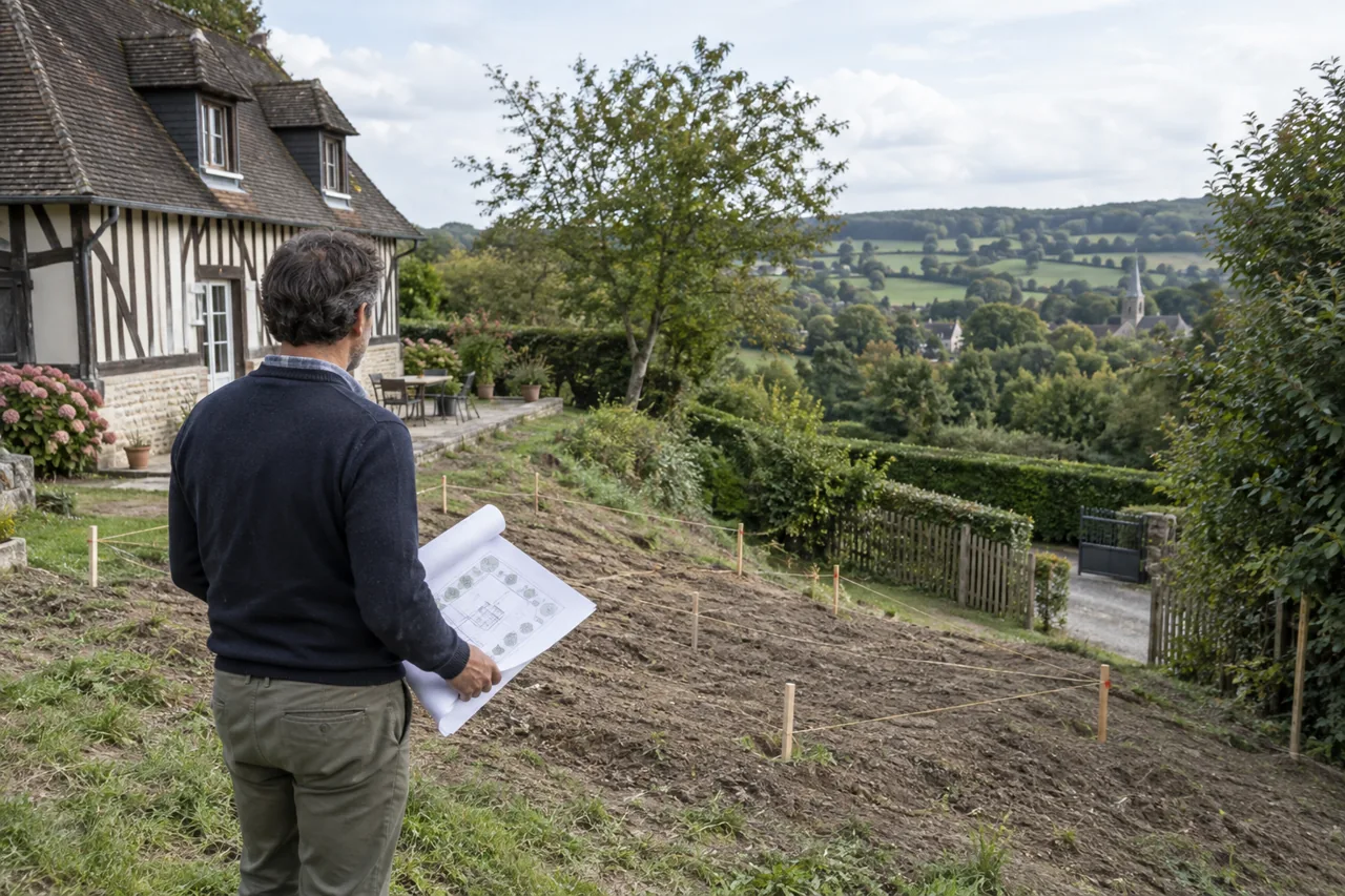Une personne observe un terrain en pente balisé, plan à la main, près d’une maison à colombages.