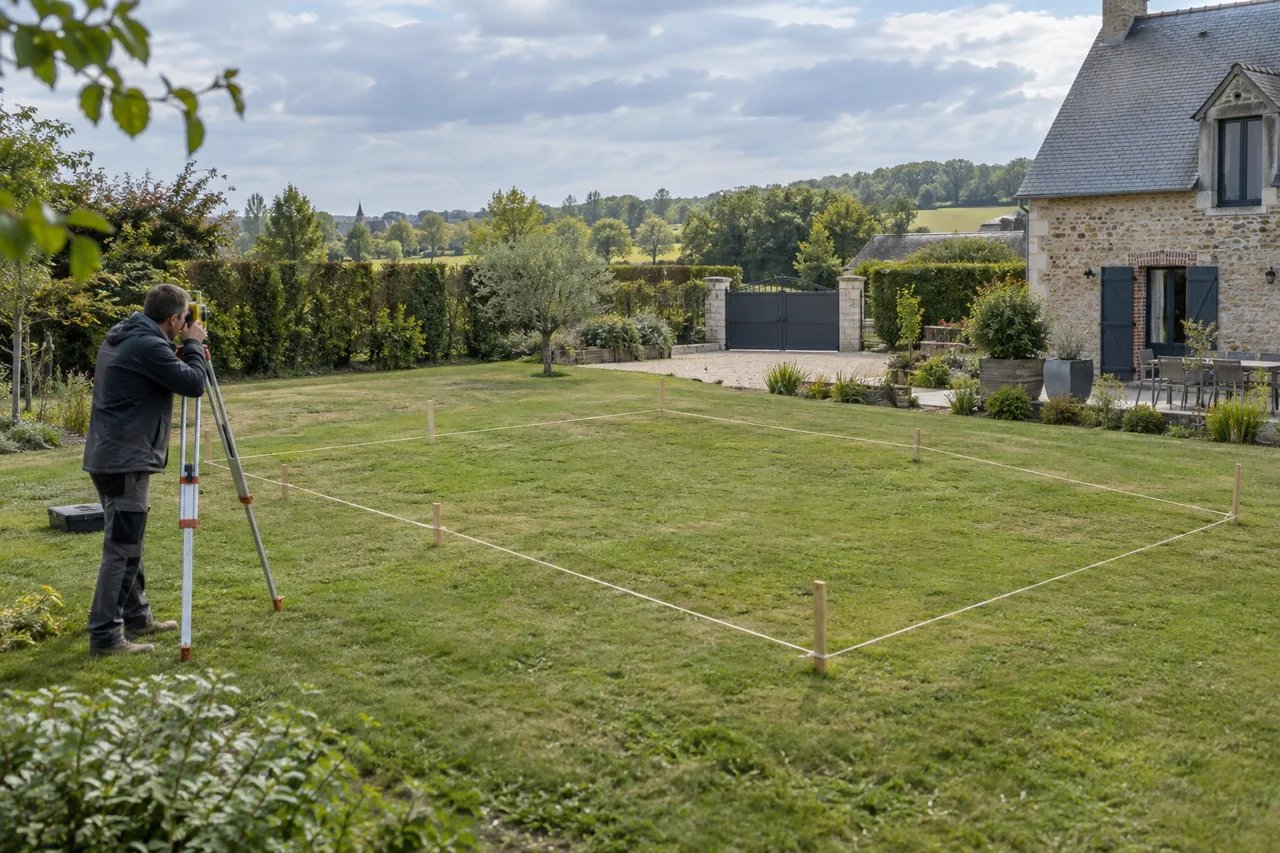 Un professionnel mesure un jardin où l’emprise d’une future piscine est matérialisée par des cordeaux.