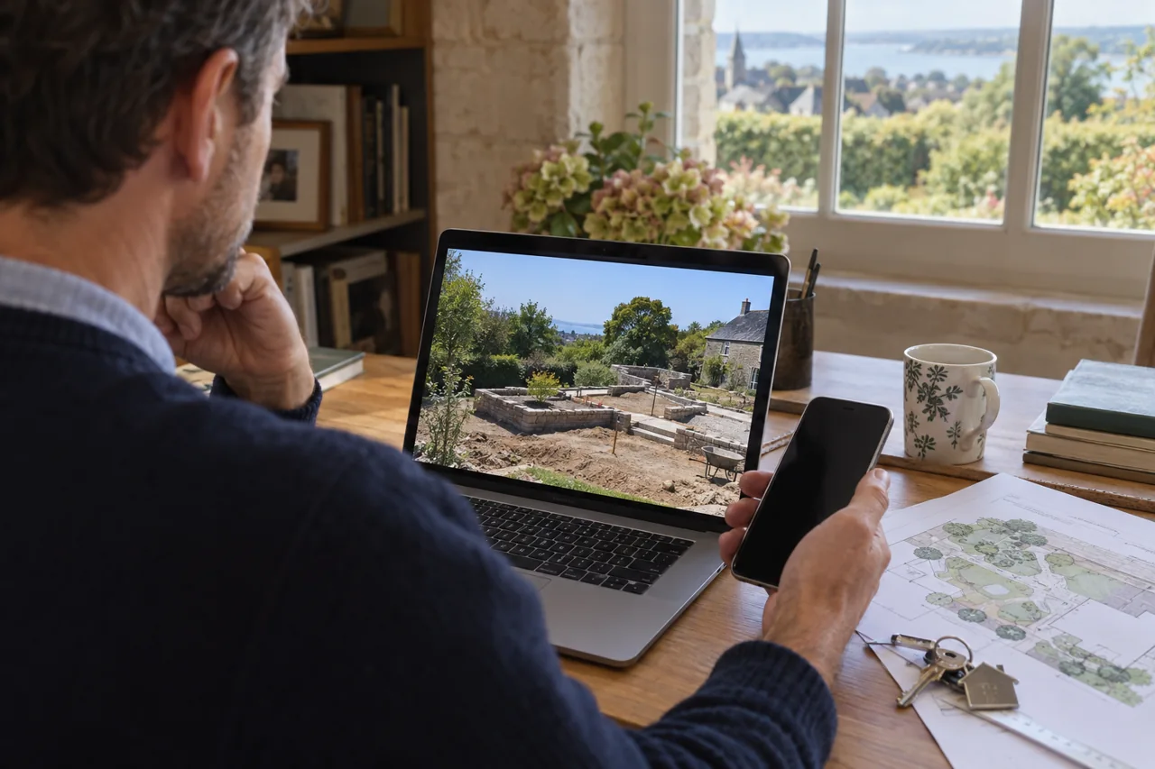 Une personne consulte sur ordinateur une photo d’avancement de chantier, avec téléphone et plan.