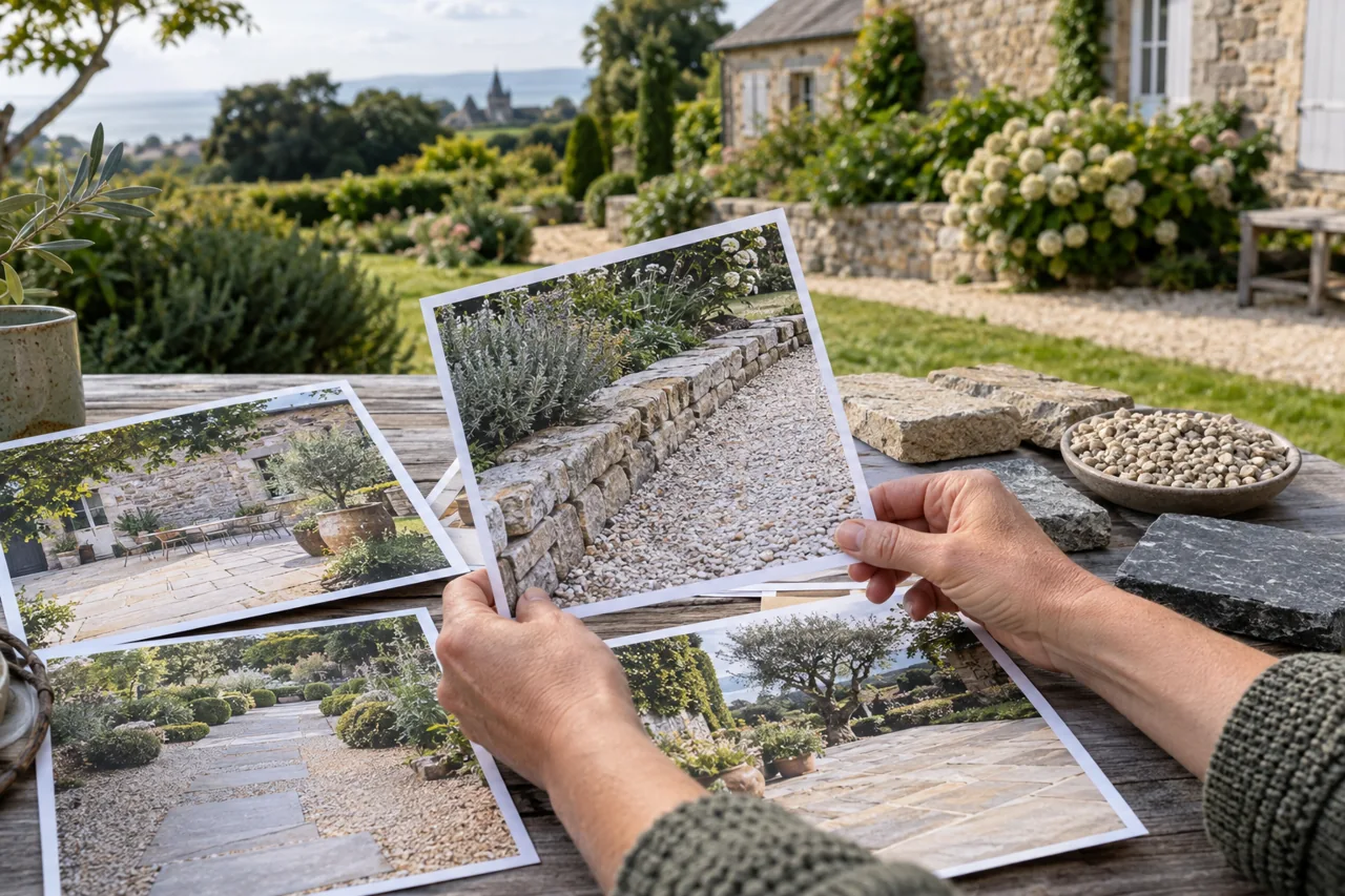 Des mains comparent des photos d’aménagements avec des échantillons de pierre et de gravier.