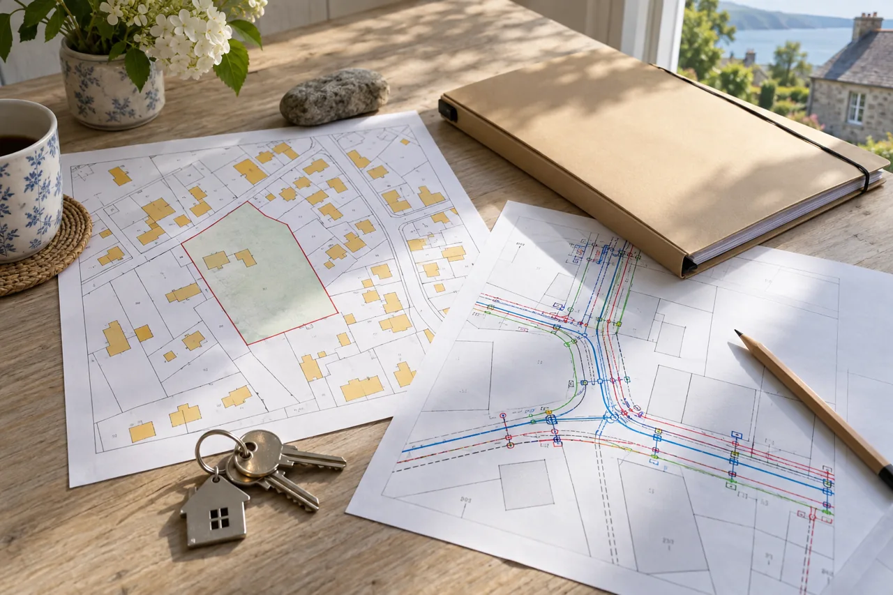 Plans de parcelle et de réseaux disposés avec un dossier, un crayon et des clés.