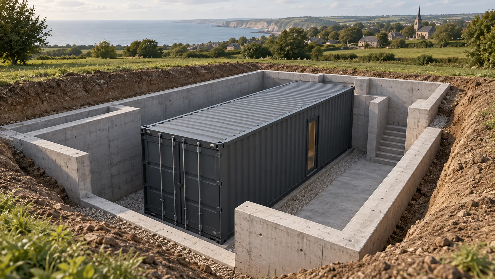 Illustration de principe d’un module container intégré dans un ouvrage enterré