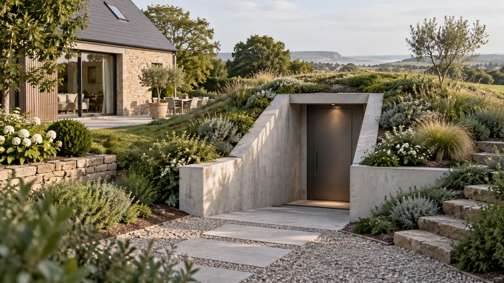 Illustration de principe d’une entrée de bunker intégrée dans un jardin