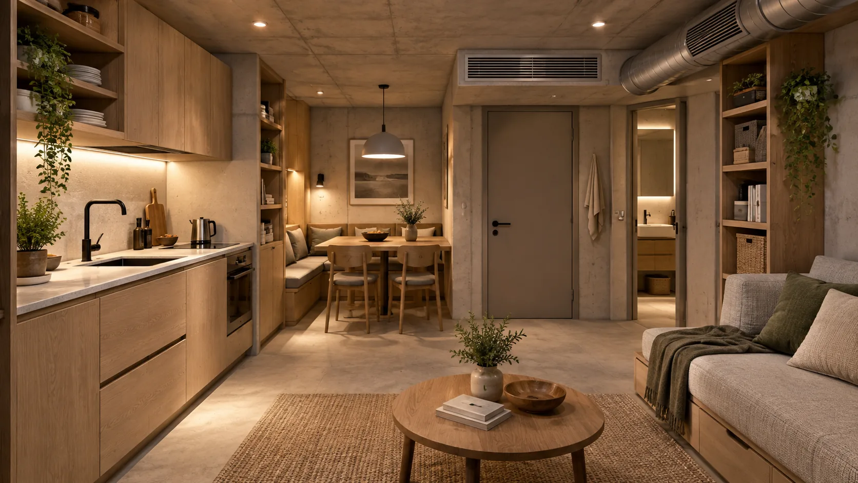 Illustration de principe d’un intérieur de bunker avec coin cuisine, espace sanitaire et revêtement de sol