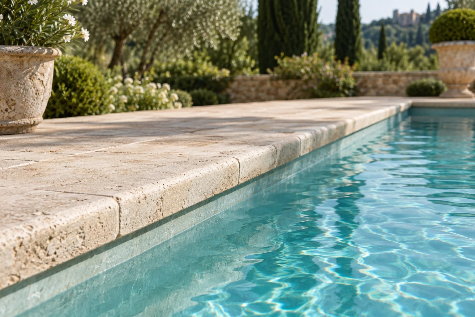 Détail de margelles en pierre claire au bord d’une piscine